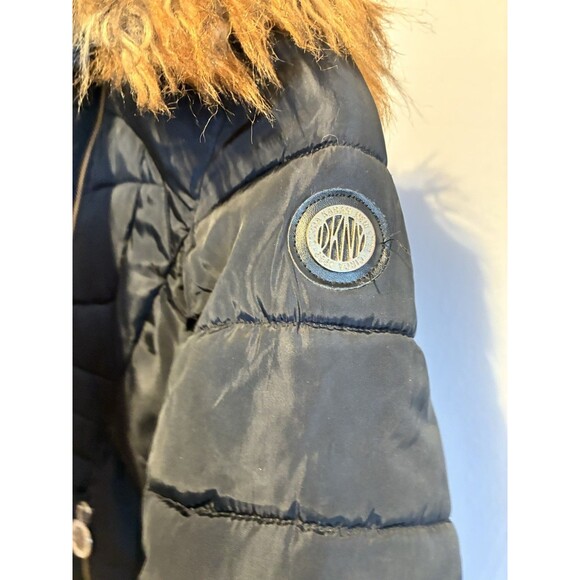 DKNY Girls Black Puffer Coat Faux Fur Hood Zip Jacket Size 7/8 S/P Warm - Picture 7 of 15